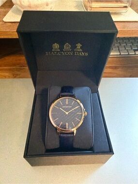 Halcyon Days Women's Navy and Rose Gold Leather Strap Watch HD 2008